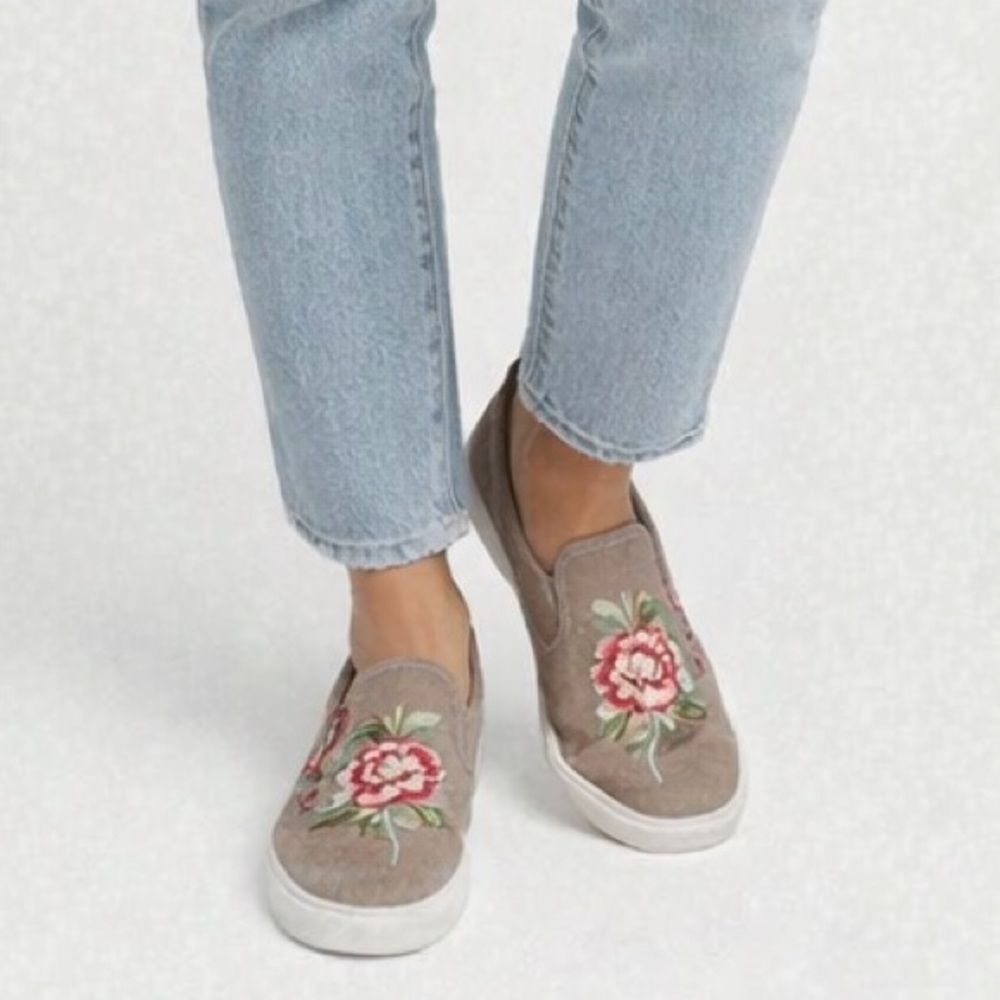 Forever Desire Women's Slip-On Taupe Embroidered Suede Sneakers/Shoes | NEW